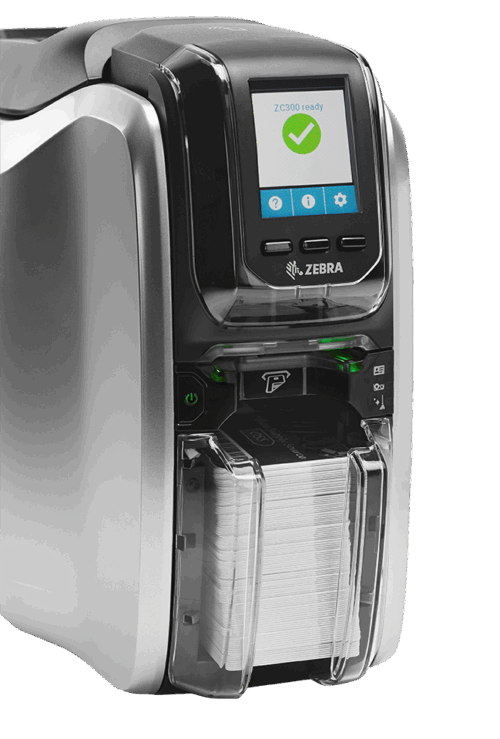 Impressora Zebra ZC300 - Vista Frontal Alimentador de Cartões
